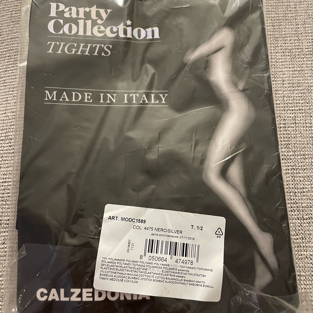 Calzedonia Black Sheer Party Collection Tights, Rhinestone Seam NWT S/M